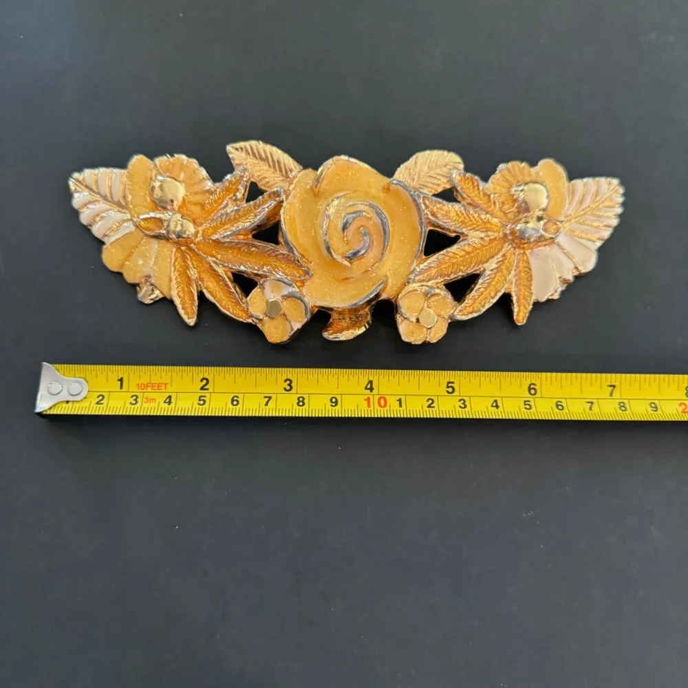 Vintage Gold Tone Floral Belt Buckle With Rose & Leaf Design
